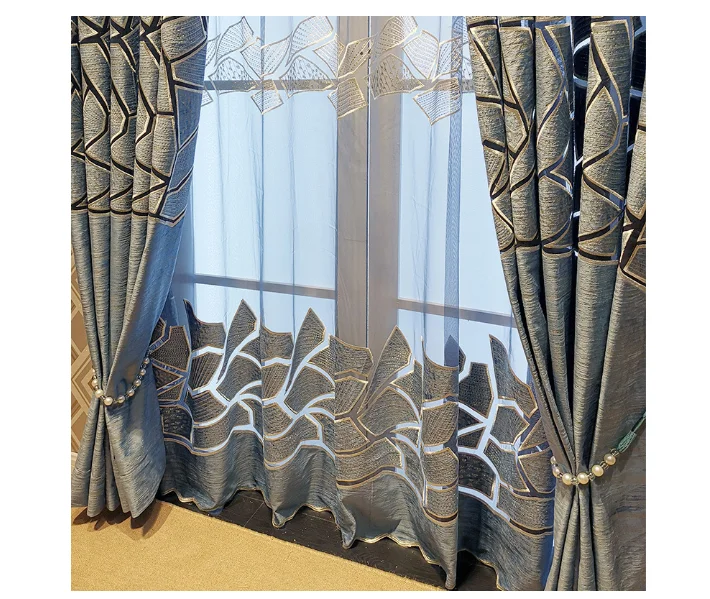European Style Luxury Blue Golden Hollow Embroidery OEKO-TEX Certified Polyester Blackout All-Season Wave Window Curtains Flame