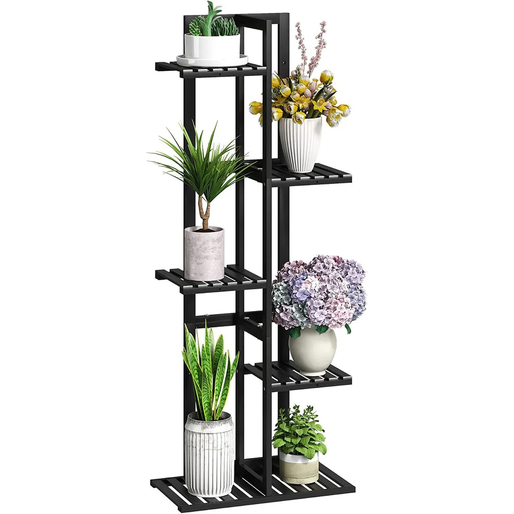 5 Tier Bamboo Shelf Organizer 6-Potted Black High Flower Plant Stand for Indoor or Outdoor Bathroom Corner Decoration Display