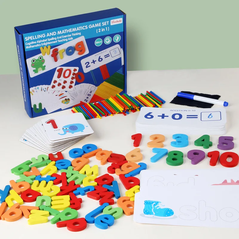 Children Wooden Spelling and Mathematics Game Set Wooden Jigsaw Puzzle Letter Cognitive Math Learning Kids Educational Toys