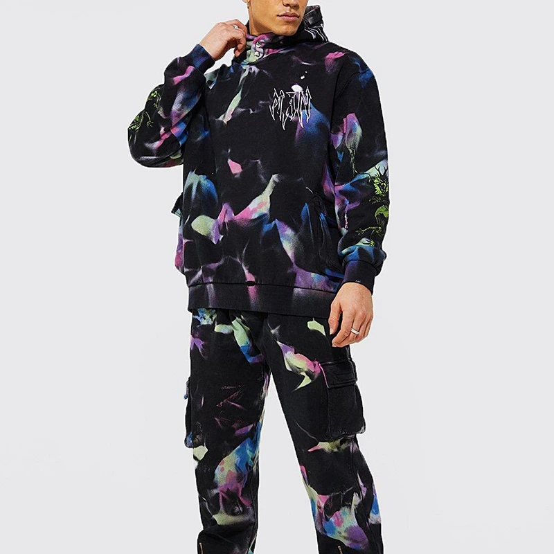 New Design Oversized Men Tracksuit Two Piece Tie Dye Hoodie Street Wear Men Pockets Pants Set