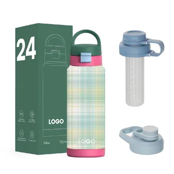 24oz Stainless Steel Water Bottle Plaid Pattern Insulated Vacuum Flask Custom Bottle For School