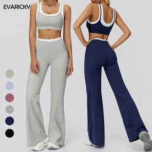 Evaricky Women Sports Bra Flare Yoga Pant 2 Piece Set Loose Wide Leg Leggings White Base Line Crop Top Gym Workout Yoga Sets