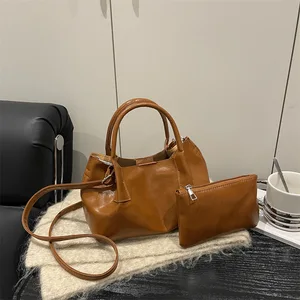 Women's Retro Brown PU Leather Handbag 2pieces Set 2026 New Luxury Shoulder Crossbody Shoulder Bags with Small Purse