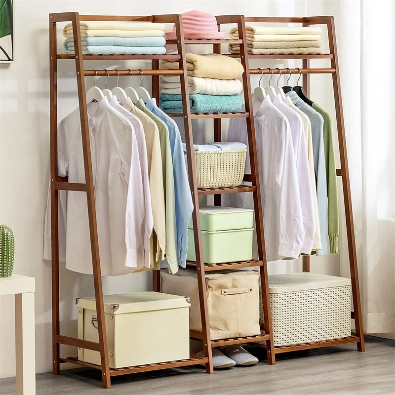 Large-sized Multi-Purpose Free Standing Bamboo Clothing Garment Coat Rack Stand Ladder Storage Shoe Shelf