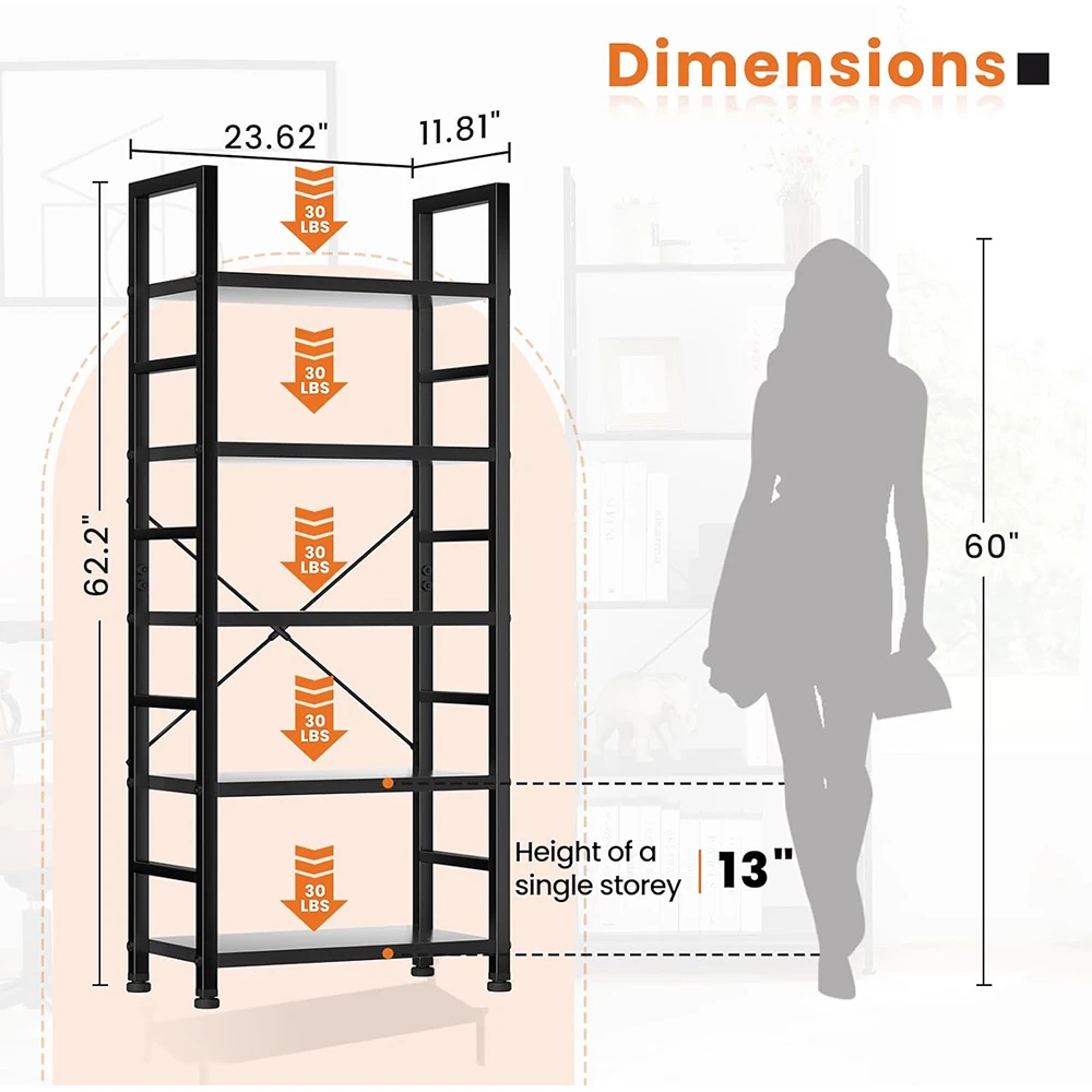 product 5 tier wooden rustic modern tall bookcase storage organizer for home office living room  bedroom-6