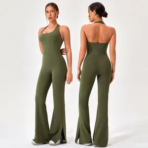Custom Logo Gym One Piece Workout Girls Slim Yoga Flares Pants Women Jumpsuits Playsuits Bodysuit For Women