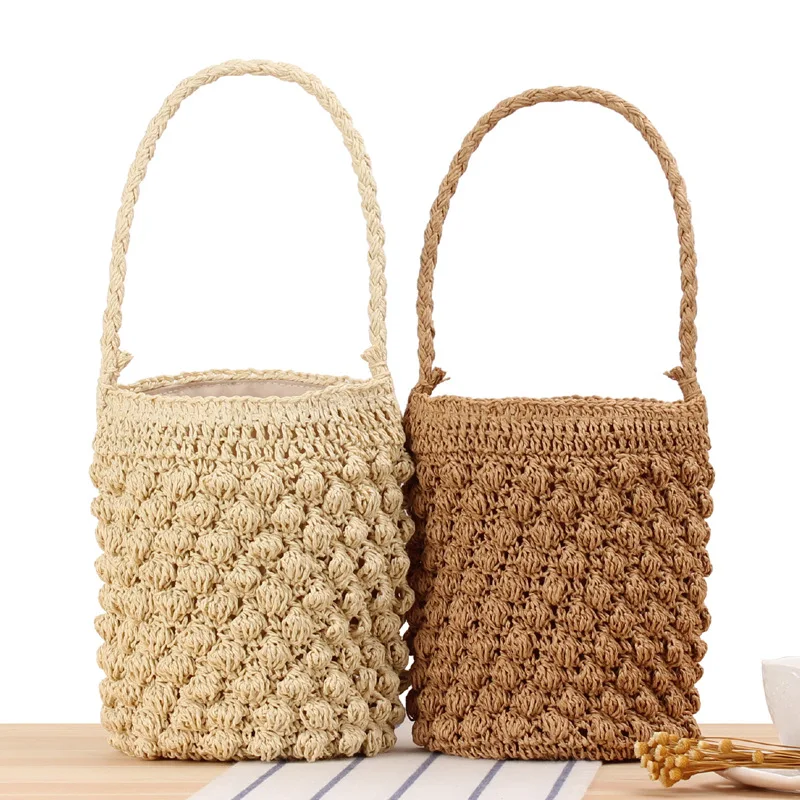 Mini Round Raffia Straw Bucket Bag for Women's Beach Vacation