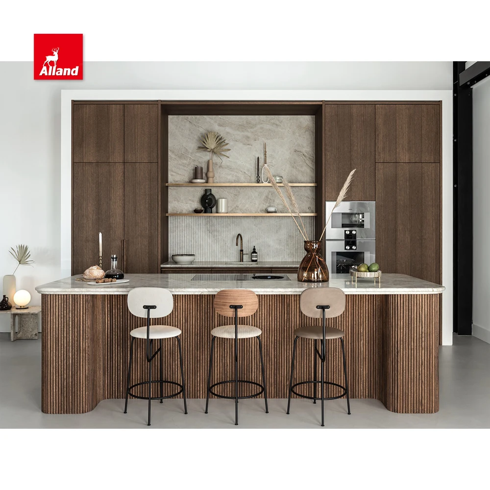 AllandCabinet Modern Design Timber Veneer Kitchen Cabinet and Fluted Panel Island Reeded Beaded Solid Wood Door Cabinets