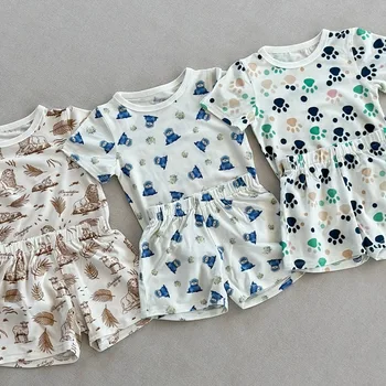 Children's Clothes 2025 Summer Two-Piece Set Baby Bamboo Fiber Cotton Short-Sleeved Shorts and Split Pajamas Home Clothing