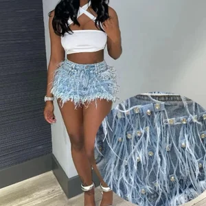 Viviblook C509PT01 Summer Hot Shorts Denim Beading Mid Waist Shorts for Women Distressed Jean Shorts With Tassels