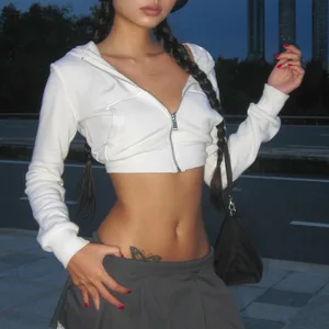 Women's 2026 Spring New Fashion Zip up Crop Top Cardigan Slim Short Crop Top Long Sleeve Button up Collar Streetwear Hoodie Top