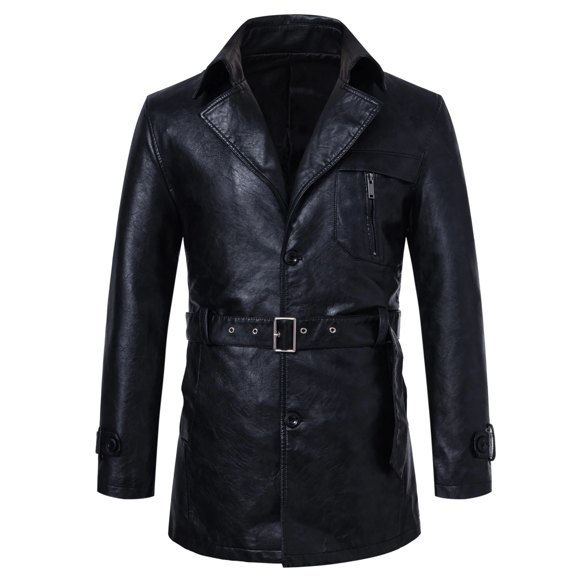 FLN 2025 Premium Quality Men's Urban Jacket Embossed Black Leather Trench  Coat Belt Stylish High Street Outerwear for Winter