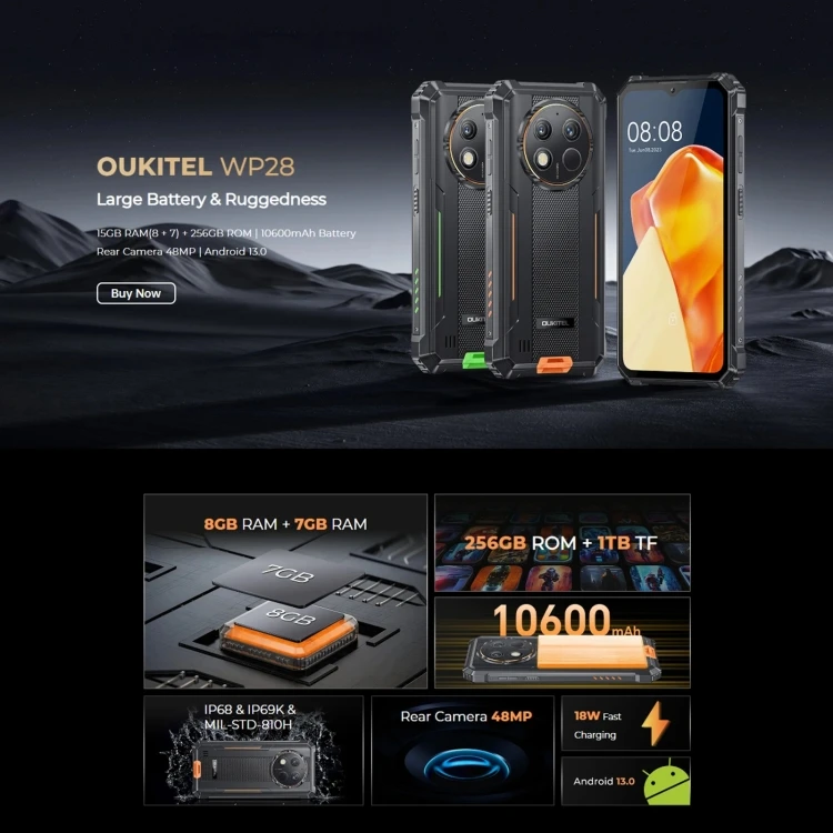 OUKITEL WP28   8GBRAM/256GBROM　10600mAh OUKITEL WP28 S Rugged Phone Unlocked Canada,Android 14 Cell