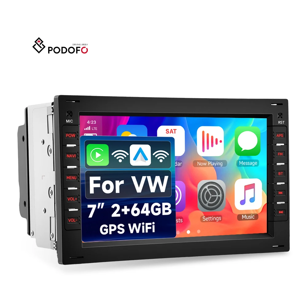 Podofo đầu phát đa phương tiện ô tô Android 2 Din, màn hình 7 inch, RAM 2 GB + bộ nhớ trong 64 GB, hỗ trợ CarPlay không dây / Android Auto, Bluetooth, GPS, FM dành cho VW Bora/Polo/Passat, bán sỉ, sản xuất theo yêu cầu OEM/ODM, mã sản phẩm A4664