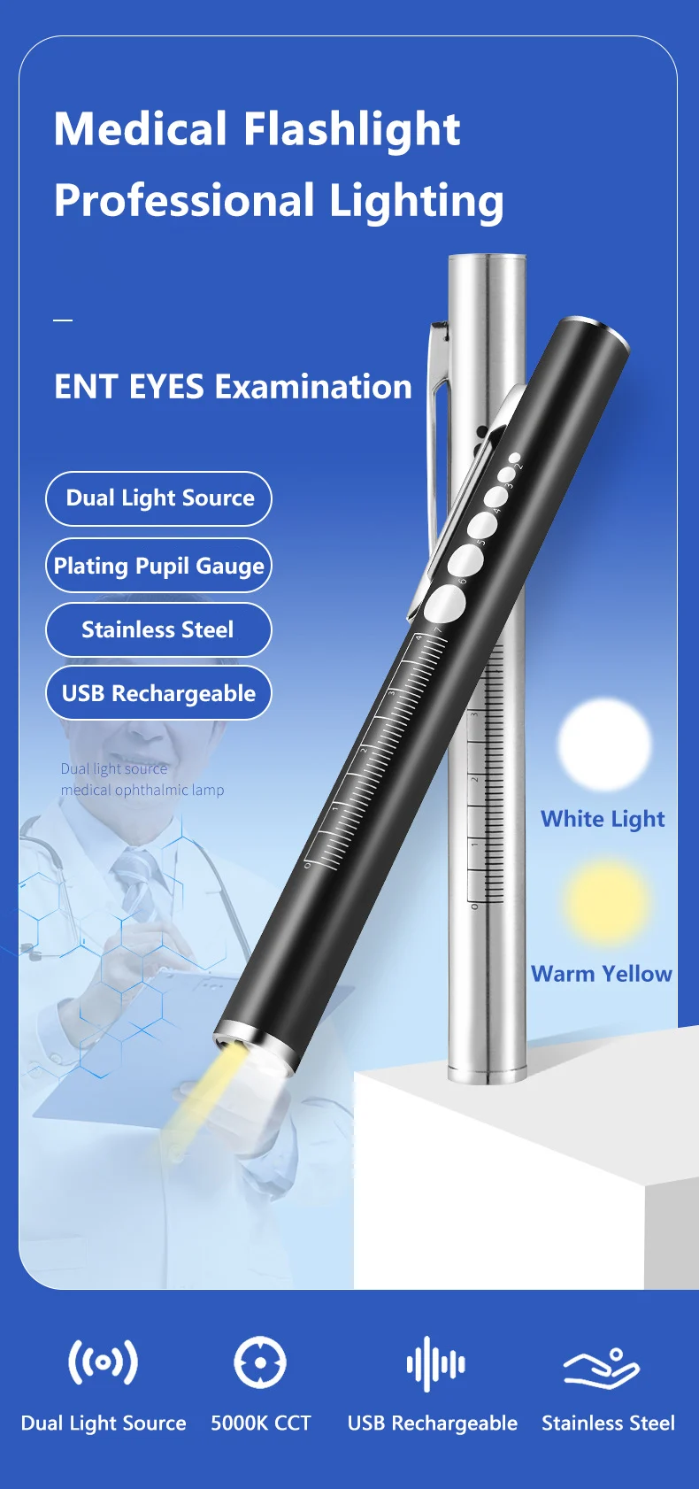 Medical Flashlight Stainless Steel Pen Light Eyes Ent Examination