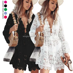Women White Lace Beach Cover Up Sexy Crochet V Neck Kimono Cardigan Swimwear Bikini Dress with Tie Waist Sheer