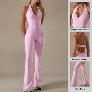 Deep-v Halter Neck Sport Outfit Flare Bottom pink Jumpsuit Girls Breathable Gym Fitness Workout Racerback Scrunch Bodysuit