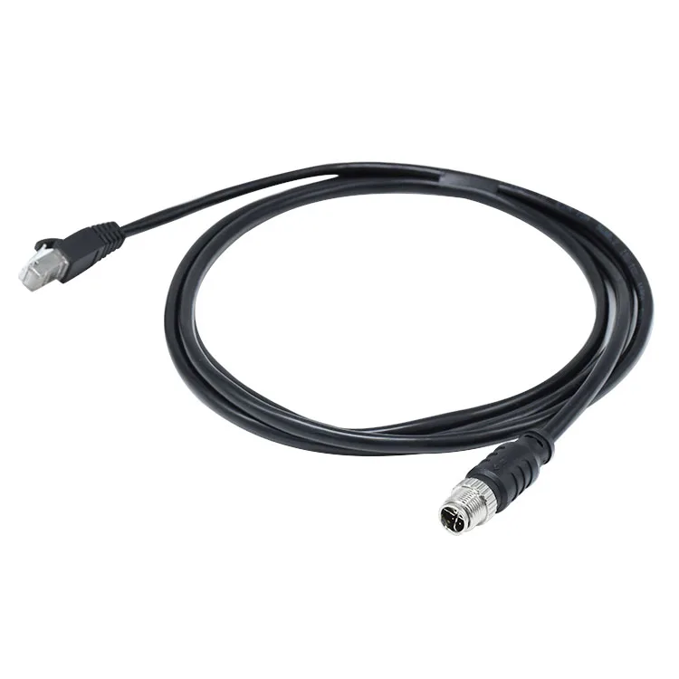M12 DIN 8-Pin Waterproof IP67 Industrial Male Plug Cable to RJ45 Straight Connector with Nylon Housing and Brass Gold Plating