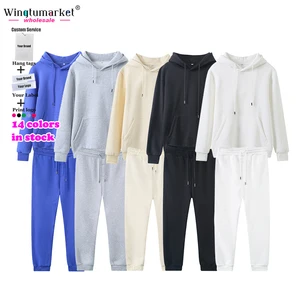 Wholesale 330 Gsm Fleece Set Unisex Kangaroo Pocket Cotton Sweatshirt Fitness Pullover Sweatsuit Gym Hoodie Jogger Pants Sets