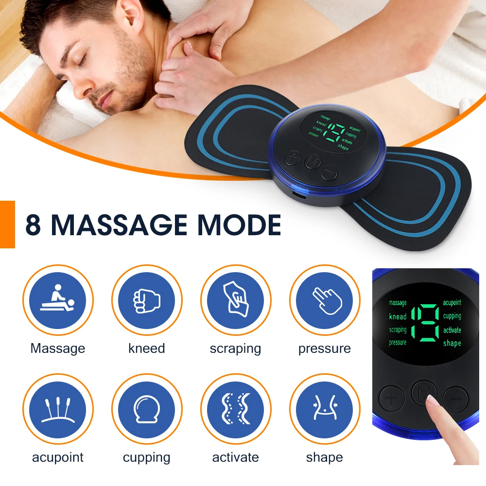 EMS Mini Electric Pulse Neck Masager LCD Display 8 Mode Cervical Massage  Patch Muscle Pain Relief