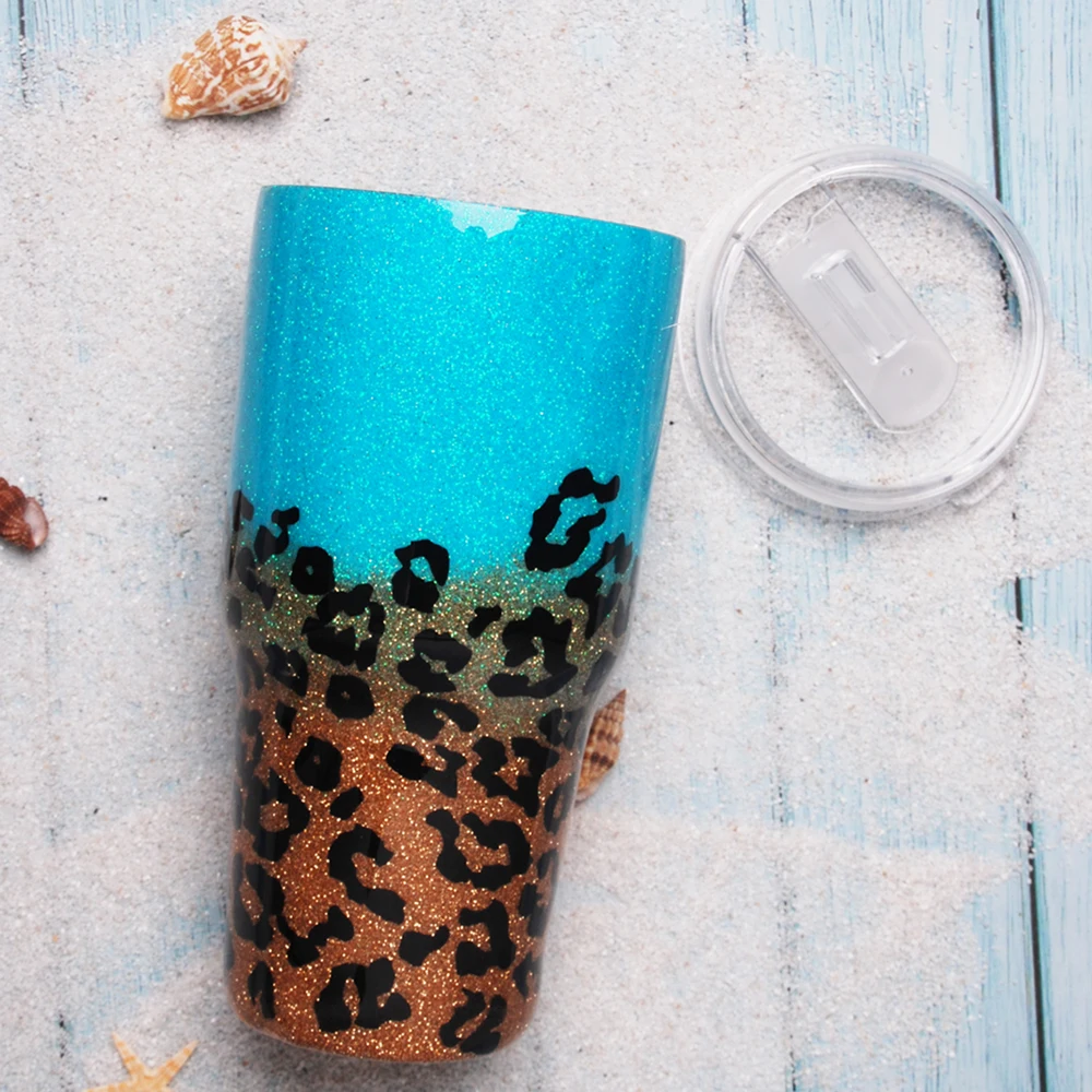 Teal Leopard Print Tumbler, Turquoise Glitter Tumbler, Animal