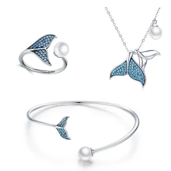 925 Sterling Silver Jewelry Girls Elegant Pearl Blue Mermaid Tail Necklace Ring Bracelet