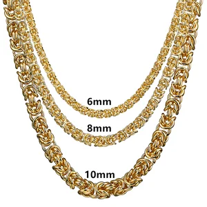 Hip Hop Jewelry Cuban Chain Necklaces Wholesale 18K Gold Plated Stainless Steel Byzantine Chain Necklaces Bracelet for Men