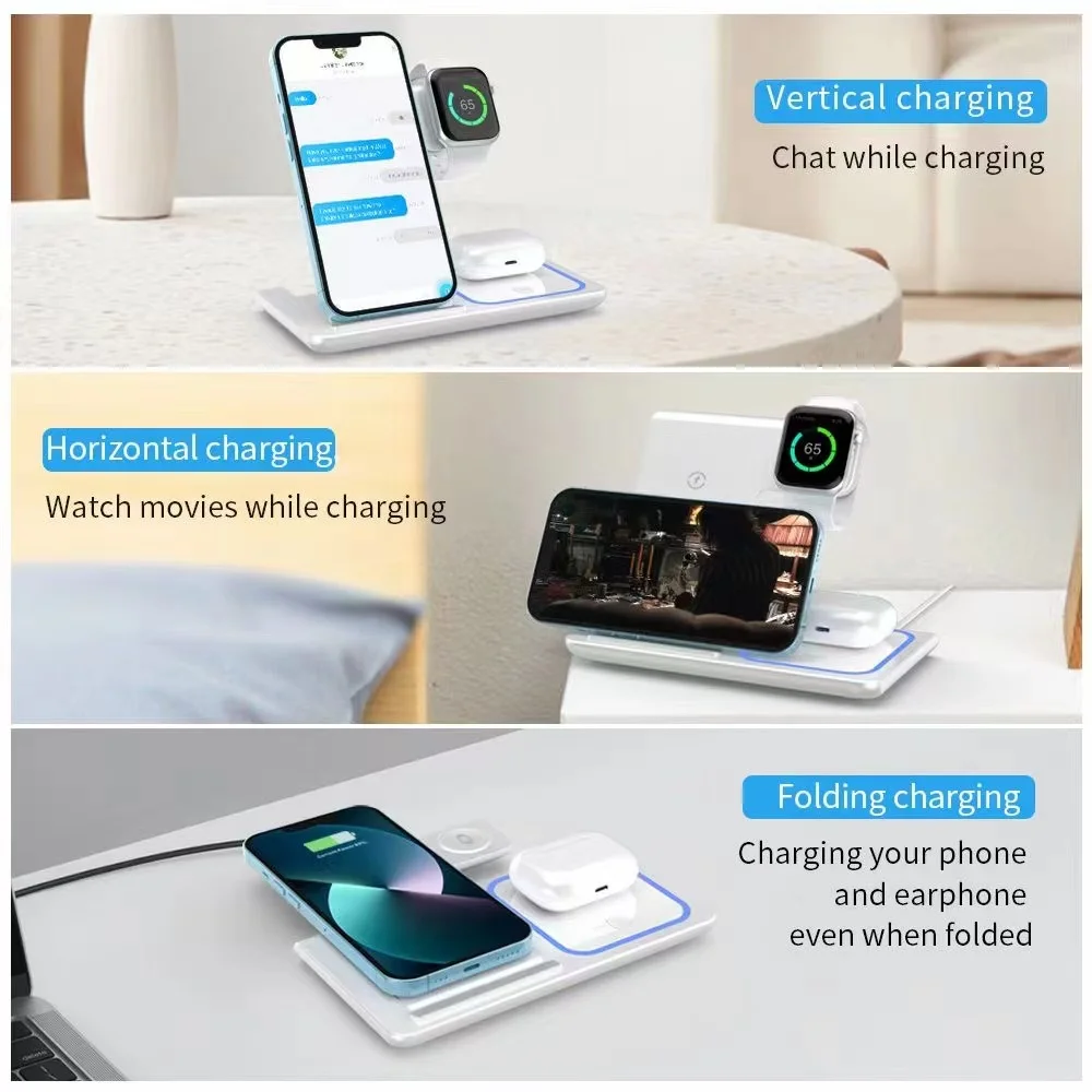 X455 Foldable Wireless Charger Stand 3 in 1 Desktop Wireless Mobile Phone Charger Stand for iPhone Apple Watch Charging Stand