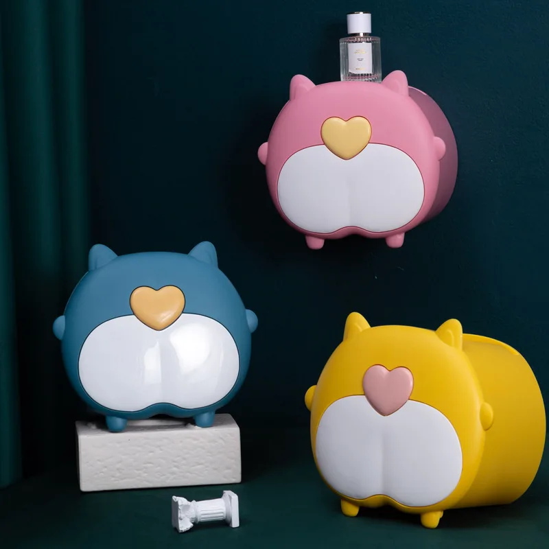 Cute Cartoon Creative Plastic Wall Mounted Non Perforated Tissue Box Toilet Bathroom Storage Box Custom Logo Eco-friendly Modern