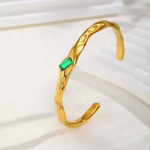 Personalized Design Adjustable Cuff Bangle Bracelet Stainless Steel Green Zircon Inlaid Gold Plated Opening Bangle for Women