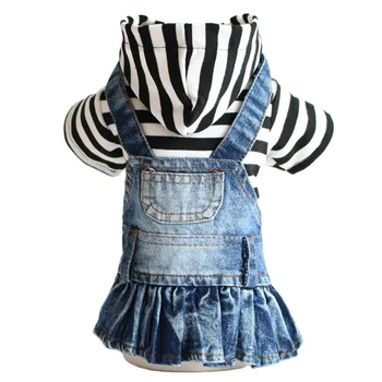 In Stock Wholesale Classic High Quality Black striped hoodies cat dog jean dresses false two-piece dog clothes