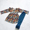 Blue Base Colorful Floral Flutter Top & Teal Ruffle Pant Set
