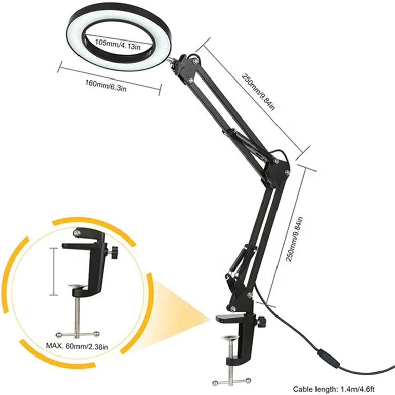 Modern Simple New Professional Magnifying Lamp Metal Long Swing Arm Led Desk Lamp with Magnifying Glass for Aesthetics