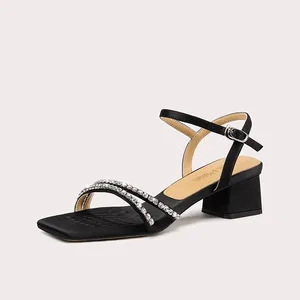 Women's Satin Upper Chunky Heel Sandals with Rhinestone Straps Open Toe Dress Shoes for Summer Party & Evening Wear