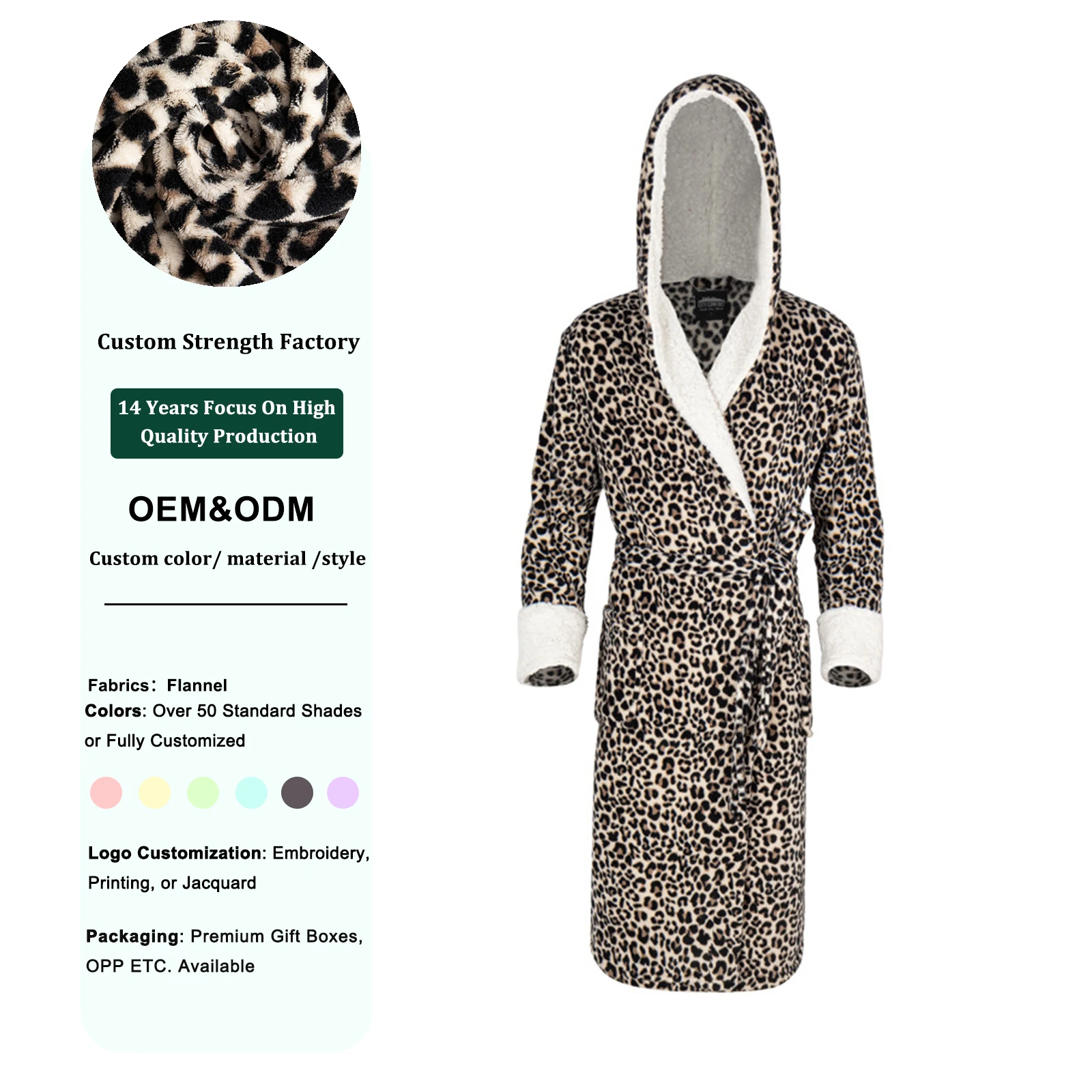 Factory Custom Amazon Leopard Print Satin Pajamas Knee-Length Hooded Bathrobe Quick Dry for Home or Sleepwear in Winter
