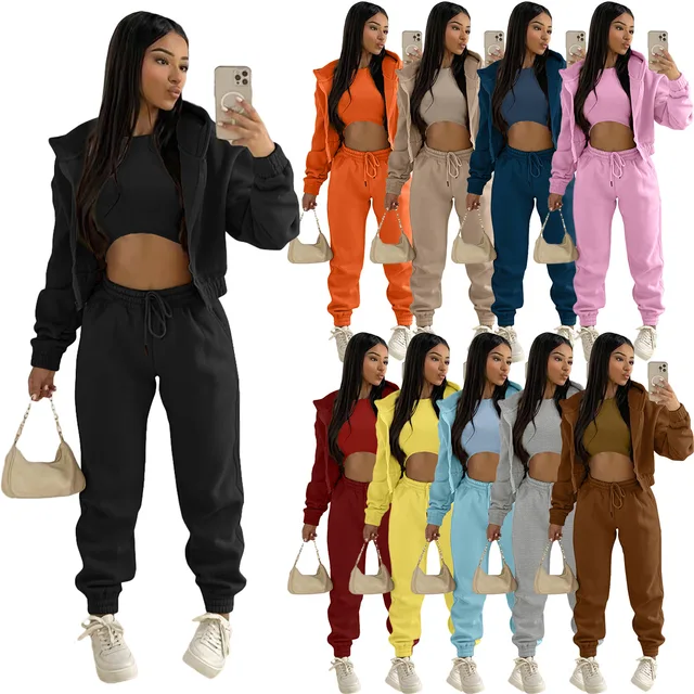 Hot Sale Custom 3 Piece Set Women Pants Set Sports Casual Solid Color Wears Tracksuits