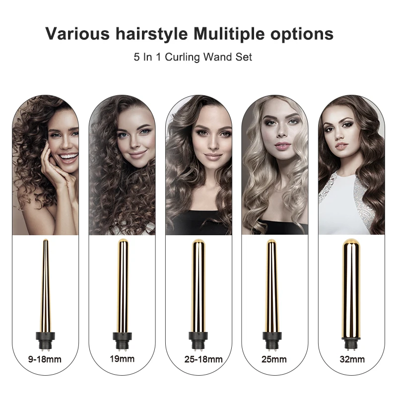 Professional Hair Styling Tools Interchangeable Ceramic Electric Automatic  Waver Curler Wand Tong Set PTC Heater LCD Temperature