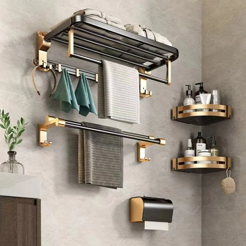 2024 New Black Gold Bathroom Set Luxury Aluminum Folding Towel Rack Set