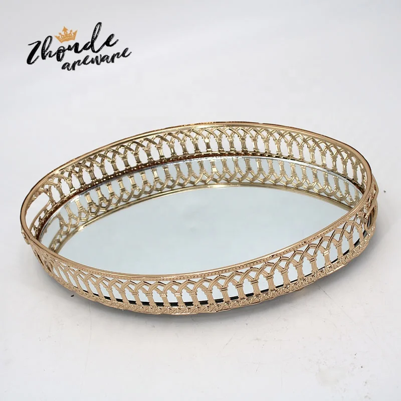 Wholesale Coffee Serving Glass Mirror Tray For Perfumes Tea Gold Metal Tray