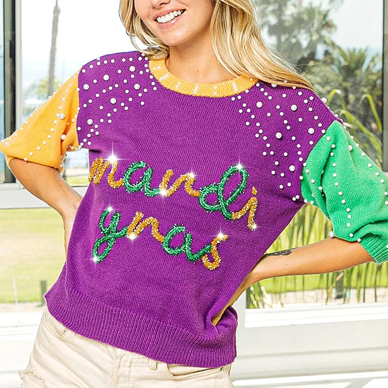 mardi gras color block pearl sweater