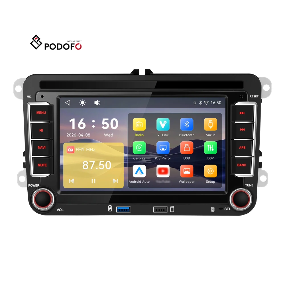 Podofo 2 Din 7'' Car MP5 Player for VW/Seat/Skoda/Golf/Polo Wireless CarPlay/Android Auto Car Radio Car Stereo BT OEM Wholesale A4657
