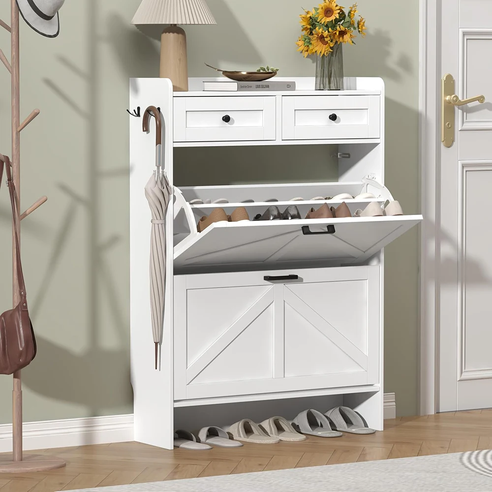 Modern Wooden Shoe Cabinet with 2 Flip Drawers & 2 Storage Drawers Slim Space-Saving Durable Shoe Rack for Entryway Hallway