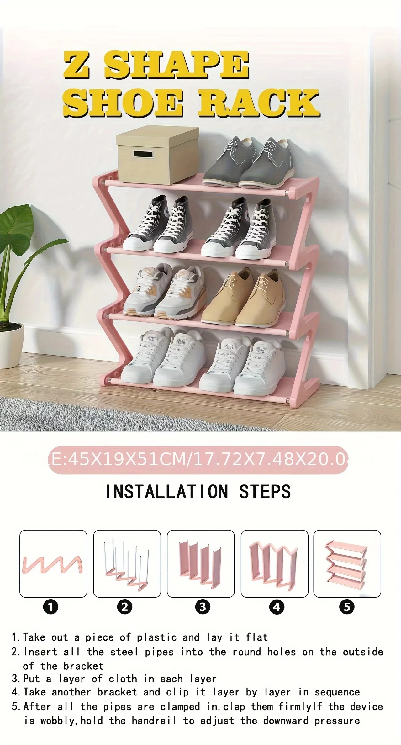 4-Tier Pink Z-Shaped Shoe Rack - Floor-Mounted Storage Rack for Living Room Bedroom & Entryway|Shoe Rack|Shoe Storage Organizer