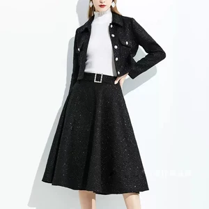 ZYHT 74077 Solid Pattern Short Tweed Blazer and Knee-Length Skirt Business Suit for Church Work with Button Sets for Women