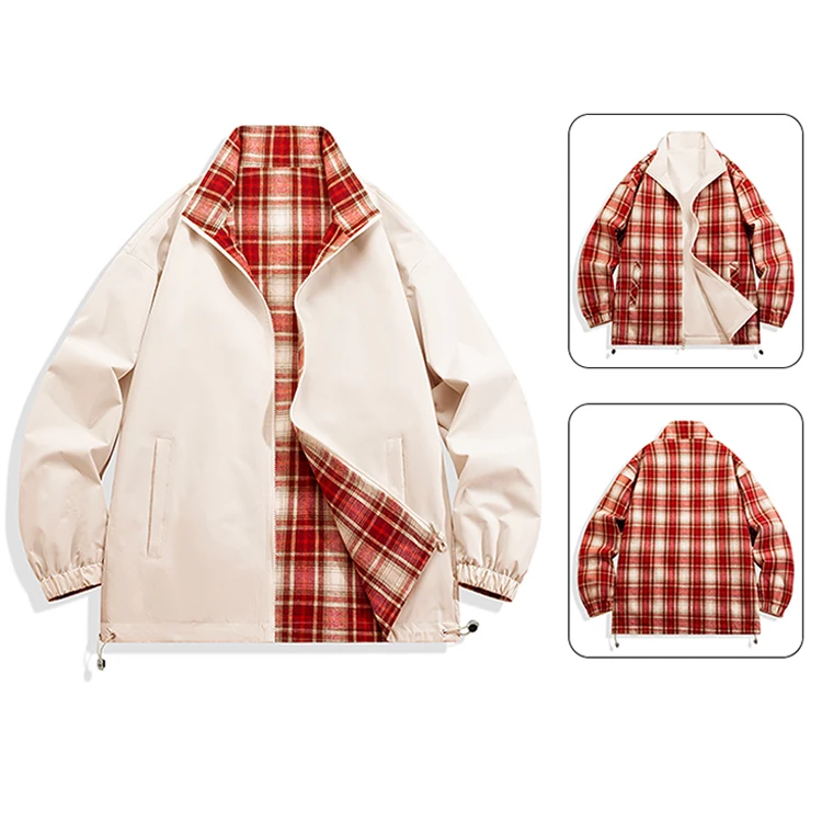 Reversible plaid bomber jacket, spring windproof zip-up coat, unisex reversible casual jacket