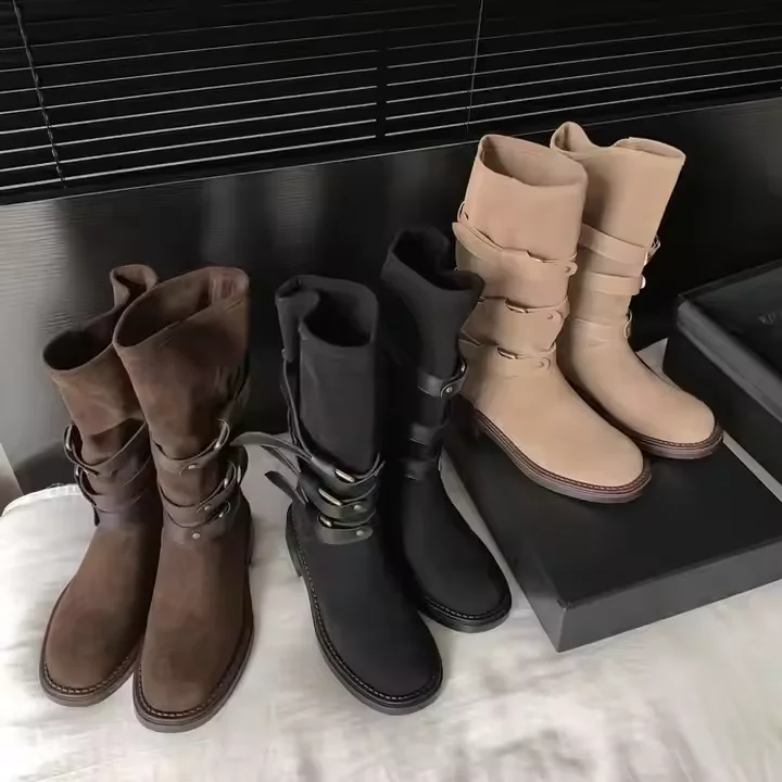 2024 Winter New Knee High Knight Western Boots High Quality Real Suede Leather 3.5cm Block Heel Wide Calf Women