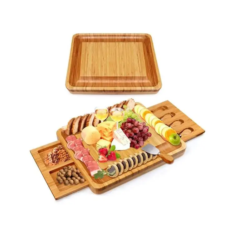 product kitchen charcuterie board serving tray bamboo cheese boards and knife set with 2 drawers-6