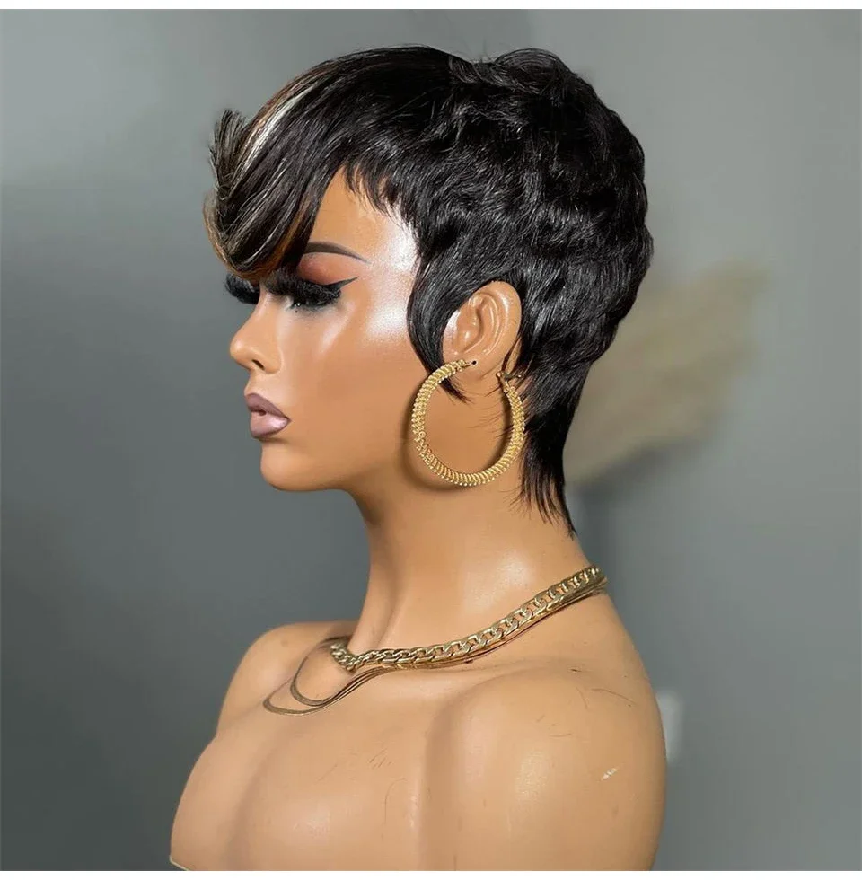 Human Hair Pixie Cut Wig With Highlights Blonde Green Bob Style_voghion.com