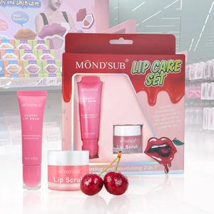 Custom Organic Fruit Cherry Vegan Exfoliating Pink Lip Scrub and Balm Set Moisturizing Lip Balm Mask Lip Care Kit