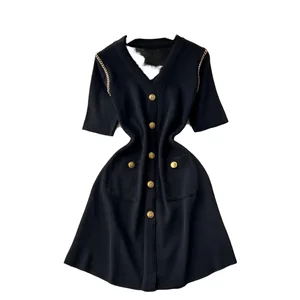 Customize Spring Summer Autumn Empire Waist V-neck Solid Eco-Friendly Breathable Sashes Office Lady & Party Dress for Women